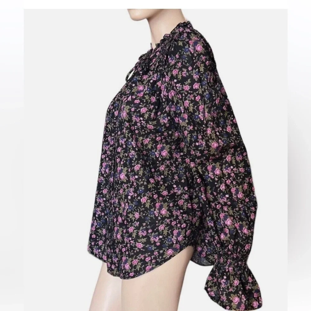 Free People Black Puff Sleeve Blouse with Ruffled Tie Front